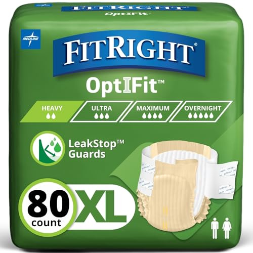 FitRight Adult Diapers, Extra+ Heavy Absorbency, XL (Waist Size 56in-64in), 80 Count, OptiFit Incontinence Briefs for Men and Women, Disposable, Moisture-Wicking, Leak Protection,