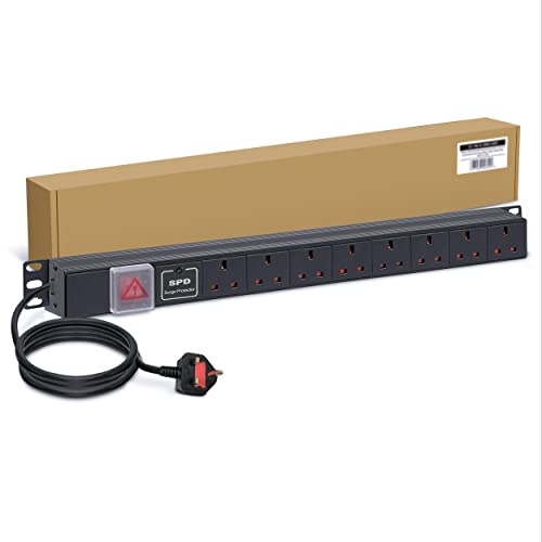 Dynamode 8 Way Extension Lead Power Strip - 13A Multi Plug Switched Power Distribution Unit (PDU) Rack Mount Charging Station with 1.8M Cord Cable for Home Office Server Cabinet with Surge Protection