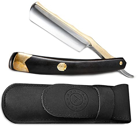Naked Armor Luxury King Arthur Straight Razor - Shave Ready 7/8 Japanese Stainless Steel Straight Edge Razor with Real Gold Leaf Scale & Ebony Wood Handle - Leather Case & Gift Box