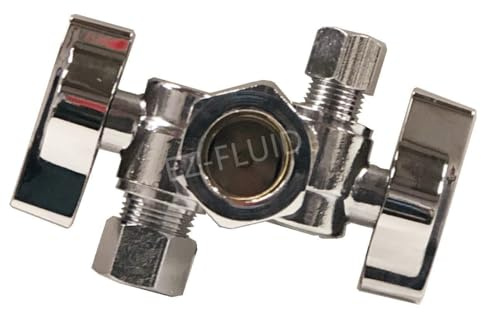EZ-Fluid 5/8 Comp O.D X 1/4 Comp X 3/8 Comp 1/4 Turn Double Metal Two Handles Dual Outlet Brass Angle Stop Valve Water Shut Off Ball Valve For Water Pipes LF,Faucet Toilet,Dishwasher,Filter(1)