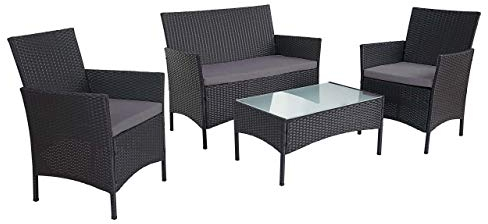 Mendler 2-1-1 Poly-Rattan Garten-Garnitur Halden, Sitzgruppe Lounge-Set Sofa - anthrazit, Kissen anthrazit