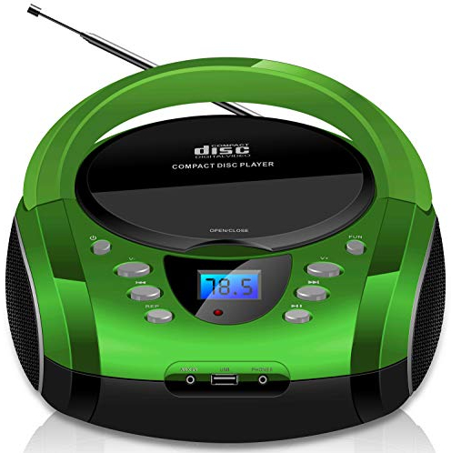 Cyberlux Tragbare Boombox CD/CD-R USB UKW-Radio AUX-In Kopfhöreranschluss CD-Player Kinderradio Boombox CD-Radio Stereoanlage Kompaktanlage Silverstone Green