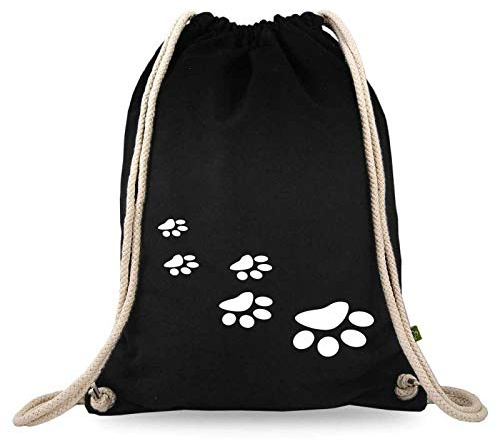 Sac de gym en coton noir avec motif pattes - Sac de sport - Sac à dos - Sac en tissu - Sac de gym - env. 12 litres - 37 x 46 cm.