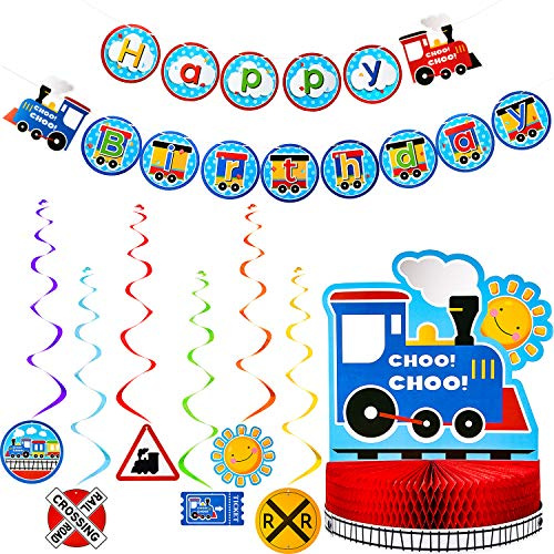 Set de Decoraciones de Fiesta de Cumpleaños de Tren, Centro de Mesa de Panal de Tren, Banner de Feliz Cumpleaños con 6 Decoraciones de Remolino Colgante de Tren para Tema de Tren Cumpleaños