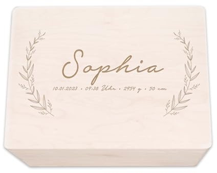hellomini Personalisierte Erinnerungsbox aus Holz • Gravierte Aufbewahrungsbox mit Namen & Geburtsdaten • Geschenk zur Geburt, Taufe & Geburtstag • Hochwertige Baby-Erinnerungskiste (Plant)