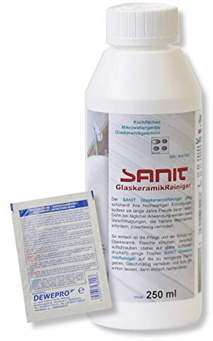 DEWEPRO-Set: SANIT GlaskeramikReiniger (3018) - Flasche à 250ml - starker Reiniger für Ceran-Kochfelder, Mikrowellengeräte und Geschirr, inkl. 1 St. DEWEPRO® Single Scrubs