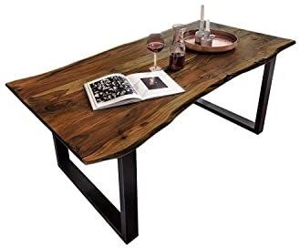 SAM Esszimmertisch 140x80 cm Quinn, echte Baumkante, nussbaumfarben, massiver Esstisch aus Akazienholz, Metallbeine Schwarz, Baumkantentisch