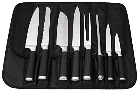 9-Piece Kitchen Knife Set in Carry Case - Ultra Sharp Chef Knives with Ergonomic Handles - Professional Japanese Chef's Knife Set with Paring, Carving, Bread, Santoku, Utility Knives, Fork, Sharpener