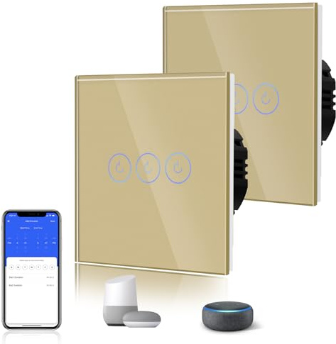 BSEED Interruptor Inteligente WIFI,Interruptores Tactil Con Cristal,Compatible con Alexa,Tuya y Smart Life,Requiere Cable Neutro,3 Gang 2 Vía - 2 Paquetes,86mm Oro