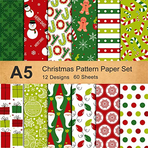 Whaline 12 Designs Christmas Pattern Paper Set A5 Size 60 Sheet Snowman Santa Gingerbread Man Glossy Pattern Paper Green Red Colorful Decorative Craft Paper Double-Sided for Card Making Scrapbook