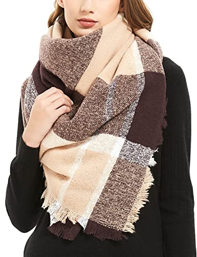 Aodafei Sciarpe Invernali Donna,Morbida Caldo Sciarpa Poncho Donna Grandi Inverno Scialle Donna Colorato Foulard Quadrato,Sciarpa Donna Plaid Marrone Beige xxl