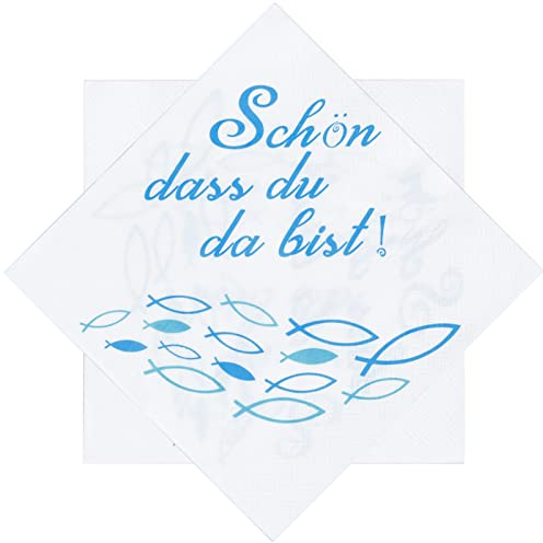 LAMEK 40 Taufe Servietten Junge Konfirmation Papierservietten Kommunion Tisch Deko Blau Fisch Tischdeko 'Schön, Dass du da bist!' Taufdeko Mädchen für Festliche Anlässe, 33x33 cm