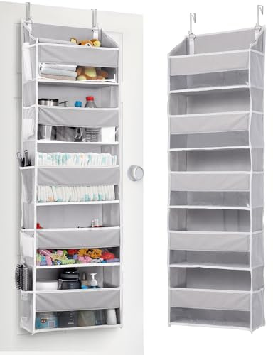 ULG 1-Pack Over Door Organizer with 5 Large Pockets 10 Mesh Side Pockets, 44 lbs Weight Capacity Hanging Storage Organizer with Clear Window for Bedroom Nursery, Kids Toys, Shoes, Diapers, Grey