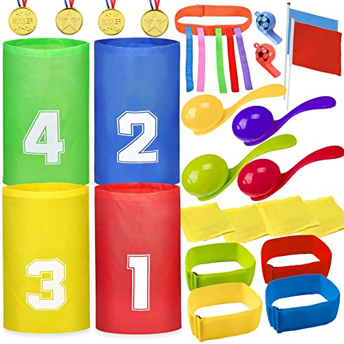 MarckersHome Sport-Tages-Set Outdoor Spiele für Kinder, Kindergeburtstag Spiele, Sackhüpfspiel mit Medaille, Eierlöffel, Sackbeutel, Pinata Geburtstag Junge Lustige Gartenspiele für Kinderpartys