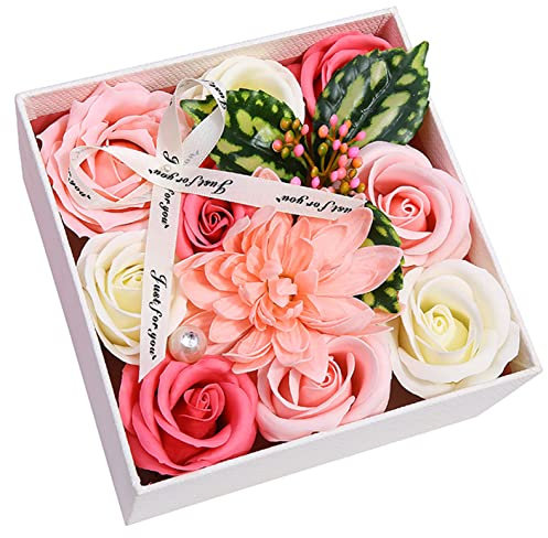 XuanMax Fleurs de Savon avec Boîte Cadeau Carré Chrysanthème＆Hortensia＆Rose Pétale Parfumée Savon Bouquet de Bain Corps pour Anniversaire Saint-Valentin Fête des Mères Journée de la Femme - Pink