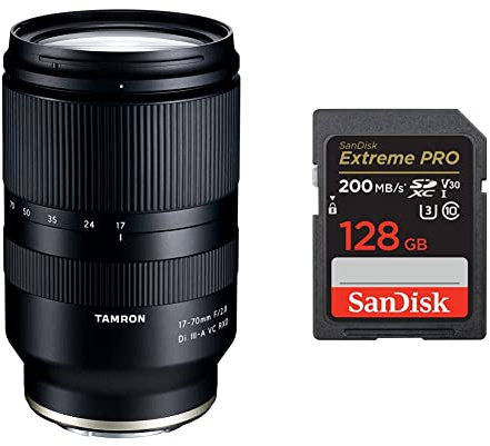 Tamron 17-70 mm F/2.8 Di III-A VC RXD & SanDisk Tarjeta SDXC Extreme Pro de 128 GB + RescuePRO Deluxe, hasta 200 MB/s, UHS-I, Clase 10, U3, V30