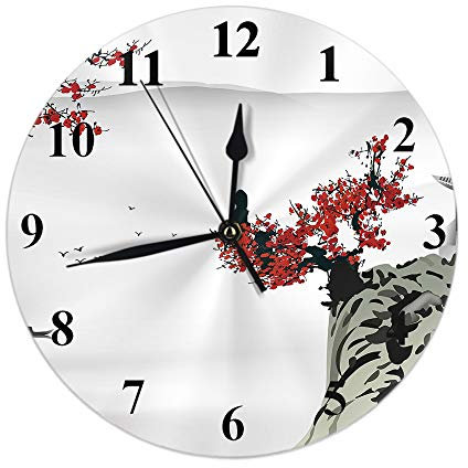 Chinese Painting Wall Clock Mountain Flower Boat Cherry Blossoms River Pavilion Round Clocks Wall Decorative Silent No Ticking 10 inch 25cm PVC Rustic Modern for Bedroom