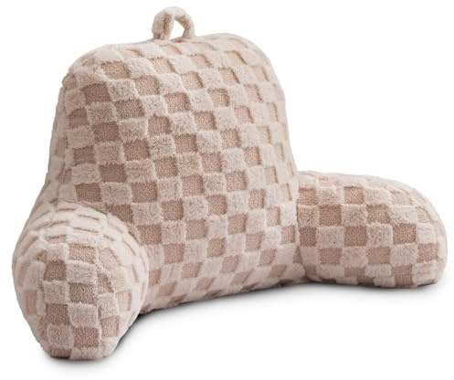 Holawakaka Checkered Reading Pillow with Arms, Adults Backrest Reading & Rest Pillows for Sitting Up in Bed, Bed Rest, Lounging, Working, Arms Back Support Cushion for Men Women Teens, Beige