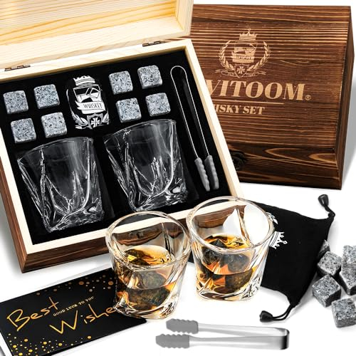 Juego de regalo de whisky para hombres, vaso escocés torcido Bourbon y piedras refrescantes, caja de madera regalos para papá, marido, amigos, idea de regalo para hombres que beben whisky