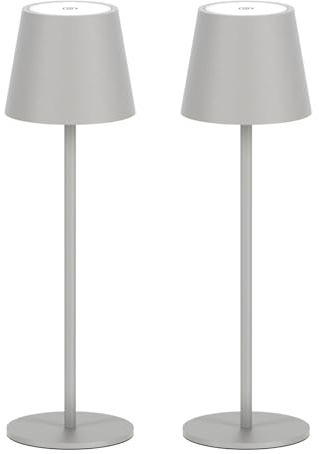 Klighten 2 Stück LED Dimmbare Akku Sandgrau Tischlampe Kabellose, Wiederaufladbar Warme Lichtfarbe 3000K Tischleuchte Für Innen und Aussen mit USB-C, Aluminium, IP54 Wasserdichte