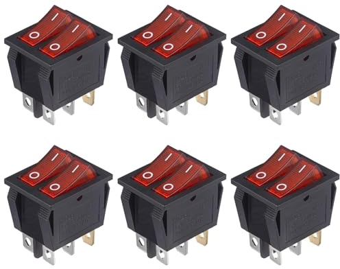 VEXUNGA Interruptor Doble Interruptores Basculante ON OFF 6 Terminales Pulsador Conmutador 15A 250VAC 20A 125VAC con Luz Roja Encendido/Apagado (6 Piezas)