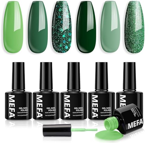 MEFA UV Nagellack, 6 Farben Grün Glitzer Farben 7 ML Soak Off UV LED Gel Nagellack Set für Gelnägel Nail Art Kit Maniküre Nageldesign Nägel Selber