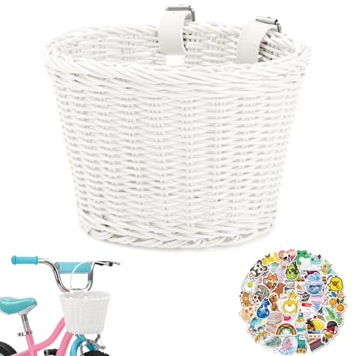 Kids Bike Basket Wicker Woven Front Bicycle Basket for Boys Girls Mini Handlebar Basket for Kids Bike or Scooter (White)