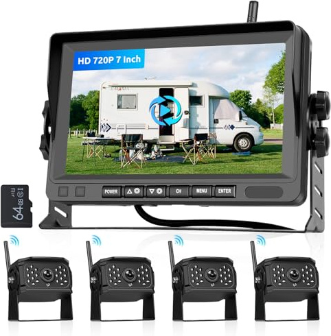 Hodozzy Digital Wireless Rückfahrkamera Set Monitor 4 Kameras Geteilter Bildschirm 7 Zoll Aufnahme Video Wasserdicht Nachtsicht Front-Seitenansicht- Rück Kamera Funk für LKW PKW Wohnmobil 12V-24V-36V