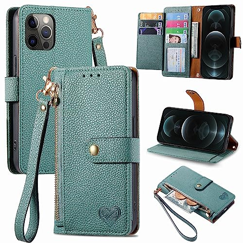VEEMOS Zipper Wallet Case for Apple iPhone 12 Pro Max Phone Case with Purse Card Holders RFID Blocking Leather Flip Case Book Cover Wrist Strap Women - Green