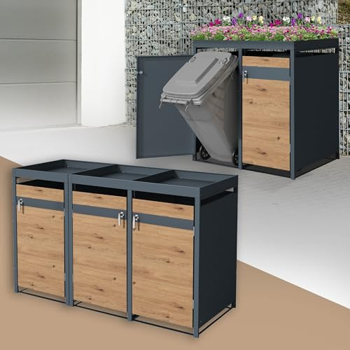 ML-Design Box pour 3 Poubelles avec Toit Végétal, 3 Portes, 240L, 200x80x124 cm, Acier Corten, Anthracite/Aspect Chêne, Résistant aux Intempéries, Habillage Poubelle Verrouillable, Conteneur Hangar