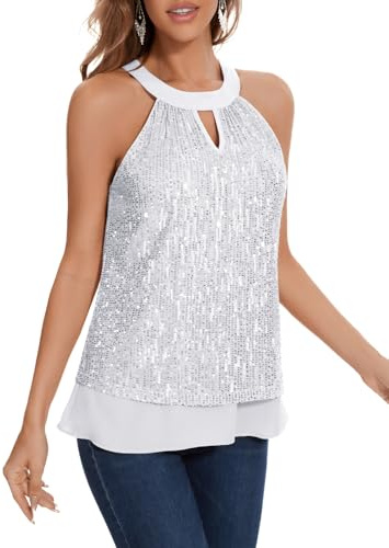 DRESSTELLS Glitzer Oberteile Damen Party Neckholder Top Festliches Glitzershirt Silber Elegant Glitzertop Frauen Pailletten Shirt Disco Outfit Silver M