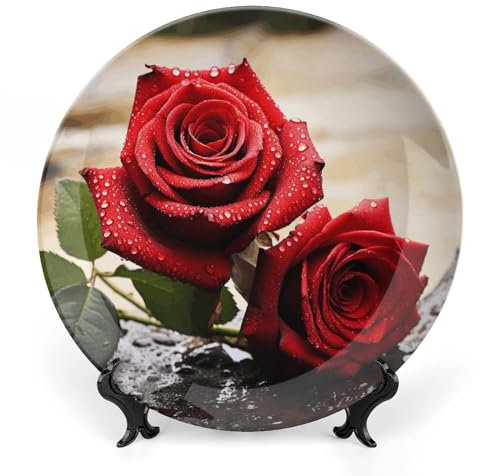 BTCOWZRV Rote Rose Blumen Keramik Dekoteller Knochenporzellan Dekoteller mit Präsentationsständer Speiseteller Kunst Handwerk Keramik Ornamente für Wandbehang Dekoration