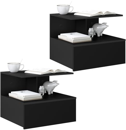 WOLTU Nachttisch hängend, 2er-Set, schwebender Nachtschrank mit Schublade, offenem Fach, Nachtkästchen, Nachtkommode, Nachtkonsole, Wandregal, Wandschrank, Schwarz, aus Holzwerkstoff, 40x31x35 cm | Nachttisch, Wandmontage, aus Holz, 40 x 35 x 31 cm