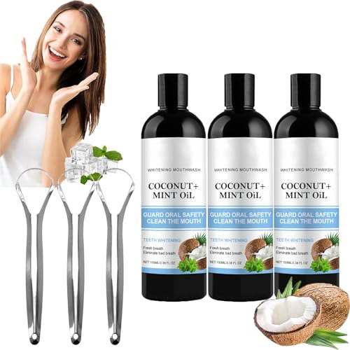 Olio di cocco naturale, olio sbiancante, collutorio, olio di cocco per i denti, tirando olio con raschietto per lingua, olio di cocco olio di menta per tirare il collutorio con raschietto per la