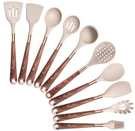 Set di utensili da cucina in silicone Set di utensili antiaderenti for spatola da cucina resistente al calore con manico e supporto placcati in oro rosa Utensili Cucina(Beige-010)