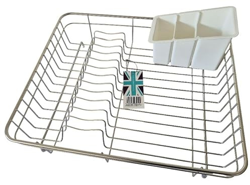 Delfinware Stainless Steel Dish Draining Rack (Large + White Cutlery Drainer) 10.5 x 43.0 x 36.5cm approx