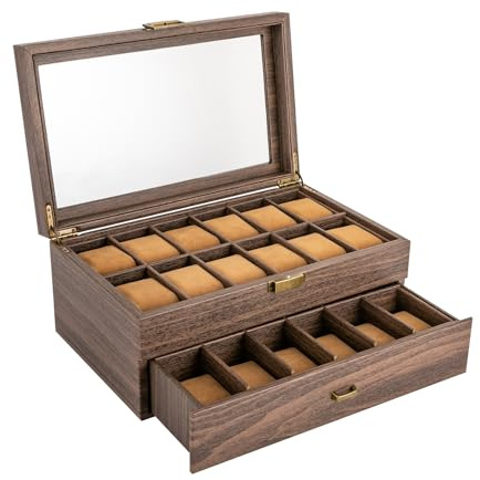 biusgiyeny Uhrenbox mit 24 Fächern Uhrenaufbewahrung Uhrenkasten mit Glasdeckel 2 Ebenen Uhrenkoffer mit Uhrenkissen Uhrenschatulle,Braun
