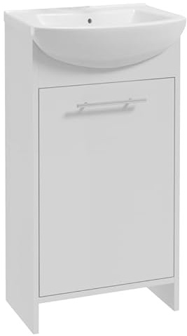 .Deftrans Domodomo - Armoire de Salle de Bain avec lavabo - 84 x 46,5 x 24,5 cm - Blanc - Meuble sur Pied pour Petite Salle de Bain - Lavabo Blanc avec Meuble Bas