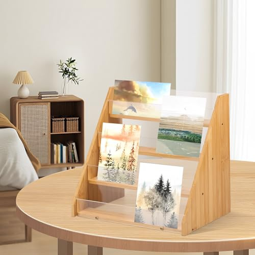 HAIJED Card Display Stand 4 Tier Greeting Card Display Bamboo and Acrylic Card Stand Display Stand for Craft Fairs Multifunctional Card Display Rack for Postcard Brochure Photos