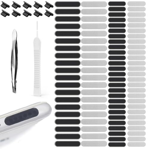20 Kit de Polvo para Teléfono, Cubierta de Puerto Tipo-C Tapon Antipolvo para Movil Protector Altavoz Pegatinas de Malla Antipolvo Teléfono Limpiador Puerto Carga Teléfono con Pinzas y Cepillo