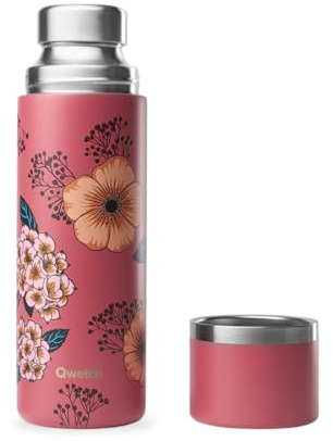 Qwetch Termo anemoner terracotta 750 ml - termos med återvunnen kopp i rostfritt stål - 24 timmar kall och 12 timmar varm - vattentät, BPA-fri och perfekt för kaffe och te