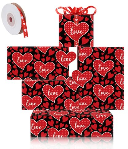 Geschenkpapier Herz Geschenkpapier Hochzeit Geschenkpapier mit rotem Herz LOVE und Band, flach gefaltet 4 Blatt 50x70cm pro Blatt für Hochzeit, Brautparty, Verlobung, Valentinstag, Jahrestag oder