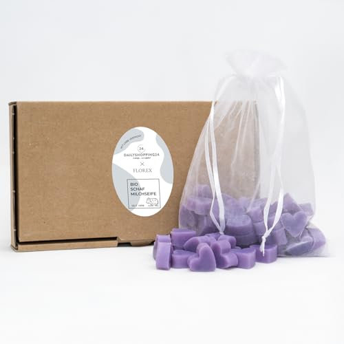 Florex Lot de 50 mini savons au lait de brebis en forme de cœur - Savon naturel fait à la main - Pour baptême, communion, confirmation, bonbonnière - Dans une boîte cadeau (lavande/citron vert)