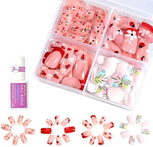 Mrltau 96 Pcs Unghie Adesive per Bambini, Dolci Unghie Artificiali Adesive, Design di Fiori, Ciliegie, Punti e Linee, Press on Nails per Bambini, Unghie Artificiali Regalo per Ragazze