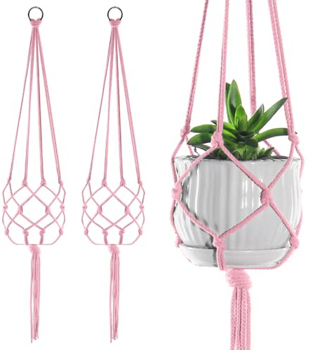 2-pack stora makramé växthängare för inomhus utomhus dekorationer, rep för att hänga blomkruka, växthållare, 100 cm (rosa)