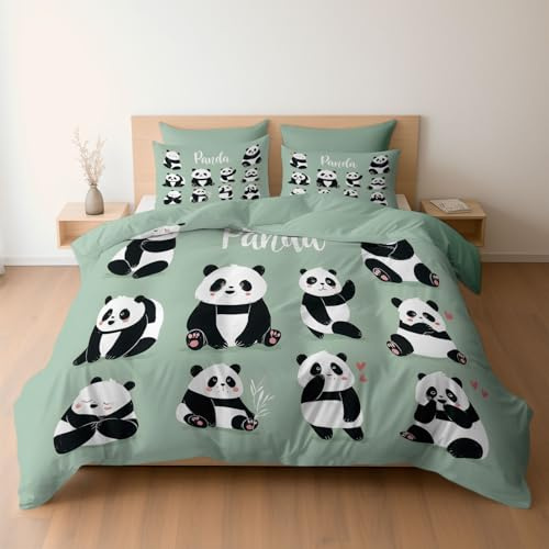 Générique Housse de Couette Autocollant Panda Mignon pour Enfants 140 x 200 Vert Sauge, Réversible Parure de Lit Adulte Enfant 1 Personne en Microfibre Souple, Linge de Lit avec Fermeture éclair