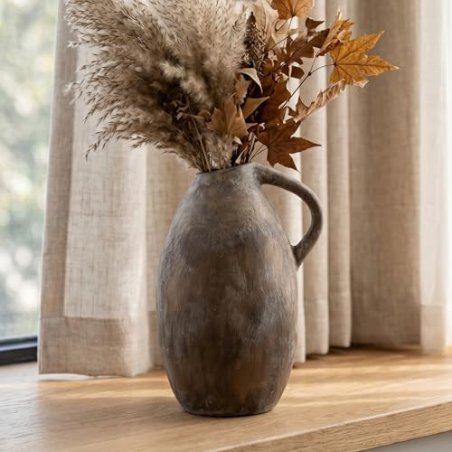 Duoqulou Rustic Large Ceramic Flower Brown Vase 10.3 Inches,Vintage Rustic Terracotta Vase for Decorative Centerpieces, Home Decor for Living Room,Bedroom,Entryway