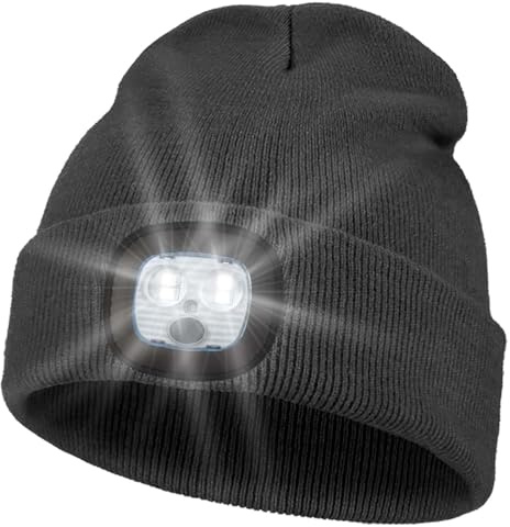 Pomarks LED Beanie Mütze mit 4 LEDs, USB-aufladbar, für Damen & Herren | 4 helle LEDs sorgen für gute Sicht beim Joggen, Angeln und Gassigehen.