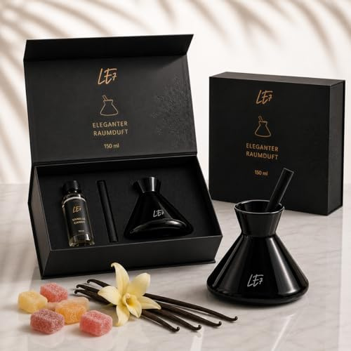 LE7 Reed Diffuser | Luxus Raumduft mit Stäbchen | 150ml Hochwertiges Duftöl & Edle Geschenkverpackung | Eleganter Raumduftspender für Wohnräume, Büro & Badezimmer (Vanille-Candy)