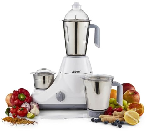 GEEPAS 750W 3-in-1 Mixer Grinder | Stainless Steel Jars & Blades | 3 Speed Control, Perfect for Chutney, Dry & Wet Fine Grinding Mixing | Overload Protection | 2 Year Warranty, White (Renewed)